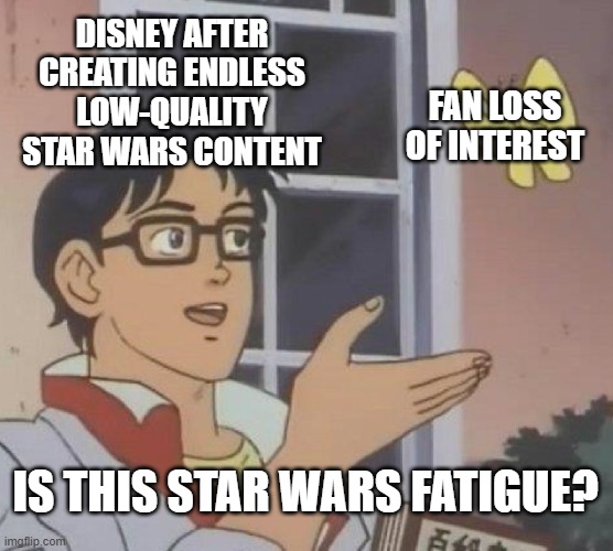 Disney Star Wars | DISNEY AFTER CREATING ENDLESS LOW-QUALITY STAR WARS CONTENT; FAN LOSS OF INTEREST; IS THIS STAR WARS FATIGUE? | image tagged in memes,is this a pigeon,star wars,disney,woke | made w/ Imgflip meme maker