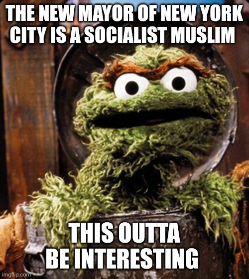 Oscar the grouch | THE NEW MAYOR OF NEW YORK CITY IS A SOCIALIST MUSLIM; THIS OUTTA BE INTERESTING | image tagged in oscar the grouch | made w/ Imgflip meme maker
