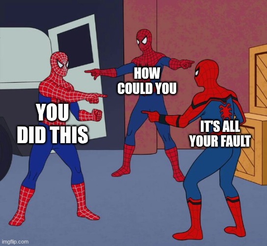 Spider Man Triple | HOW COULD YOU; YOU DID THIS; IT'S ALL YOUR FAULT | image tagged in spider man triple | made w/ Imgflip meme maker