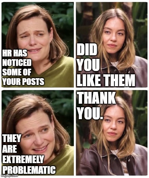 HR HAS NOTICED SOME OF YOUR POSTS; DID YOU LIKE THEM; THEY ARE EXTREMELY PROBLEMATIC; THANK YOU. | made w/ Imgflip meme maker