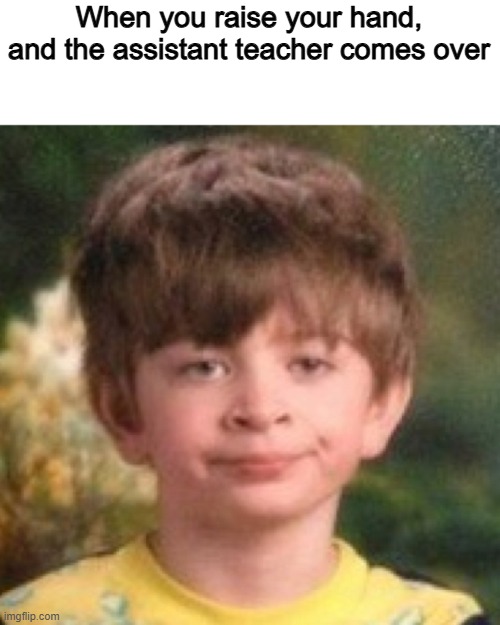 50% chance every time | When you raise your hand, and the assistant teacher comes over | image tagged in annoyed face,memes,funny,teacher,raise your hand,school | made w/ Imgflip meme maker
