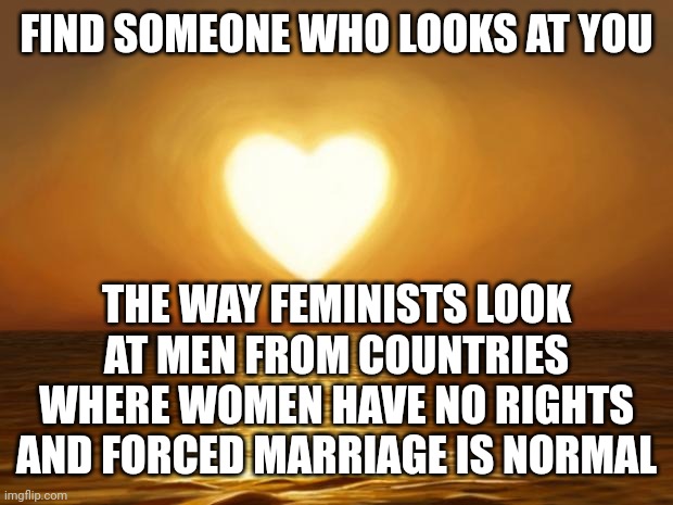 Love | FIND SOMEONE WHO LOOKS AT YOU; THE WAY FEMINISTS LOOK AT MEN FROM COUNTRIES WHERE WOMEN HAVE NO RIGHTS AND FORCED MARRIAGE IS NORMAL | image tagged in love | made w/ Imgflip meme maker