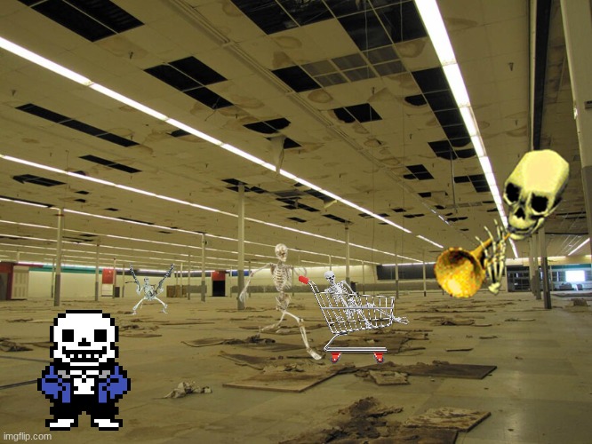 skeletons messing around in a abandoned k mart | image tagged in kmart,skeletons | made w/ Imgflip meme maker