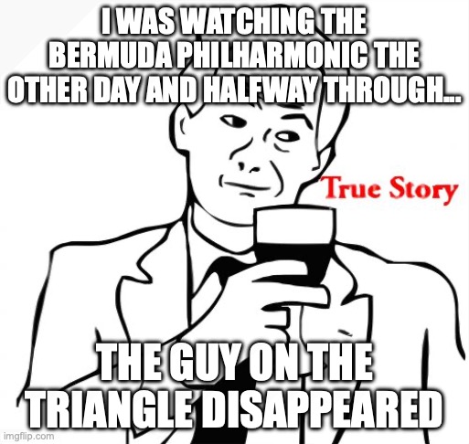 True Story Meme | I WAS WATCHING THE BERMUDA PHILHARMONIC THE OTHER DAY AND HALFWAY THROUGH... THE GUY ON THE TRIANGLE DISAPPEARED | image tagged in memes,true story | made w/ Imgflip meme maker