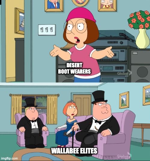 Meg Family Guy Better than me | DESERT BOOT WEARERS; WALLABEE ELITES | image tagged in meg family guy better than me | made w/ Imgflip meme maker
