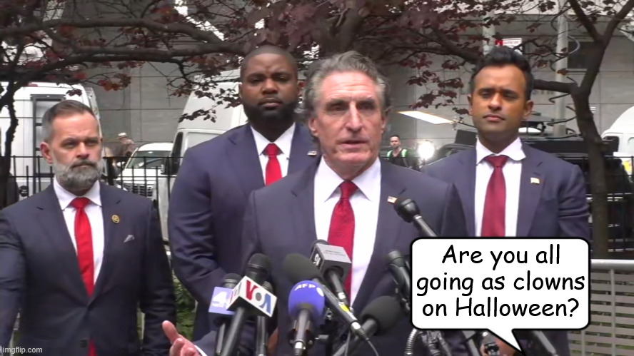 Trump clowns | Are you all going as clowns on Halloween? | image tagged in trump clowns,trump clones,long red tie blue suit white shirt,maga minions,halloween clowns | made w/ Imgflip meme maker