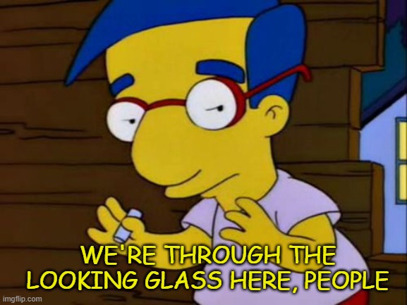 Milhouse | WE'RE THROUGH THE
LOOKING GLASS HERE, PEOPLE | image tagged in milhouse | made w/ Imgflip meme maker