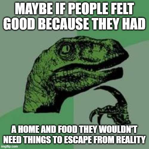 MAYBE IF PEOPLE FELT GOOD BECAUSE THEY HAD A HOME AND FOOD THEY WOULDN'T NEED THINGS TO ESCAPE FROM REALITY | image tagged in time raptor | made w/ Imgflip meme maker