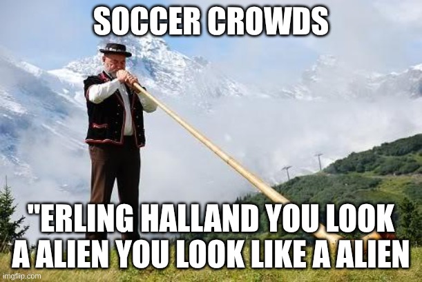 soccer crowds be like | SOCCER CROWDS; "ERLING HALLAND YOU LOOK A ALIEN YOU LOOK LIKE A ALIEN | image tagged in ricola horn,sports,soccer,funny | made w/ Imgflip meme maker