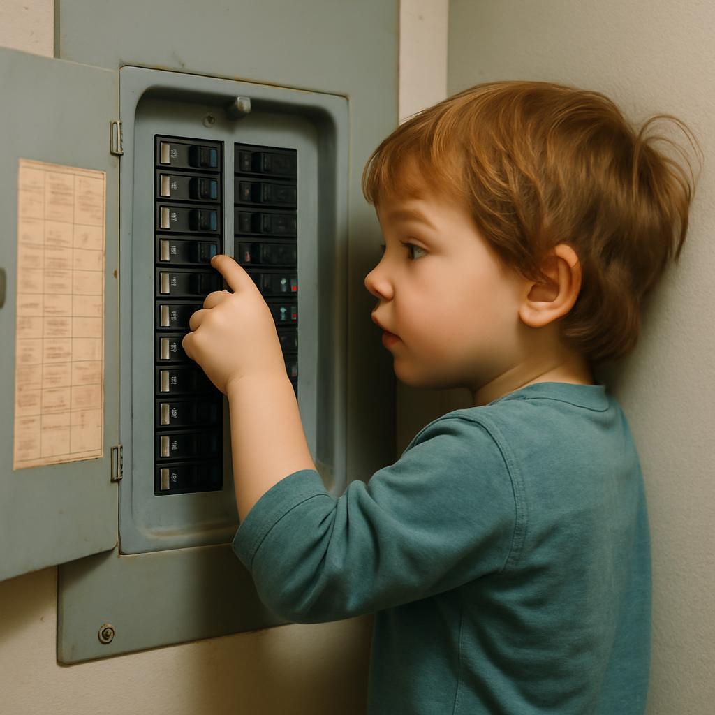 child flipping random breakers in the breaker box on and off Blank Meme Template