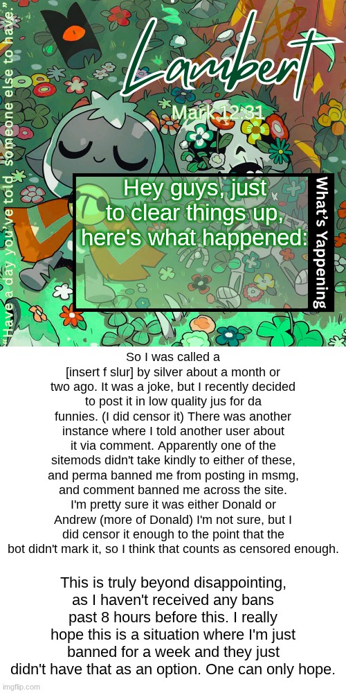 This is either a reasonable conclusion, or pure mod abuse. | Hey guys, just to clear things up, here's what happened:; So I was called a [insert f slur] by silver about a month or two ago. It was a joke, but I recently decided to post it in low quality jus for da funnies. (I did censor it) There was another instance where I told another user about it via comment. Apparently one of the sitemods didn't take kindly to either of these, and perma banned me from posting in msmg, and comment banned me across the site. I'm pretty sure it was either Donald or Andrew (more of Donald) I'm not sure, but I did censor it enough to the point that the bot didn't mark it, so I think that counts as censored enough. This is truly beyond disappointing, as I haven't received any bans past 8 hours before this. I really hope this is a situation where I'm just banned for a week and they just didn't have that as an option. One can only hope. | image tagged in lambert's love everyone template | made w/ Imgflip meme maker