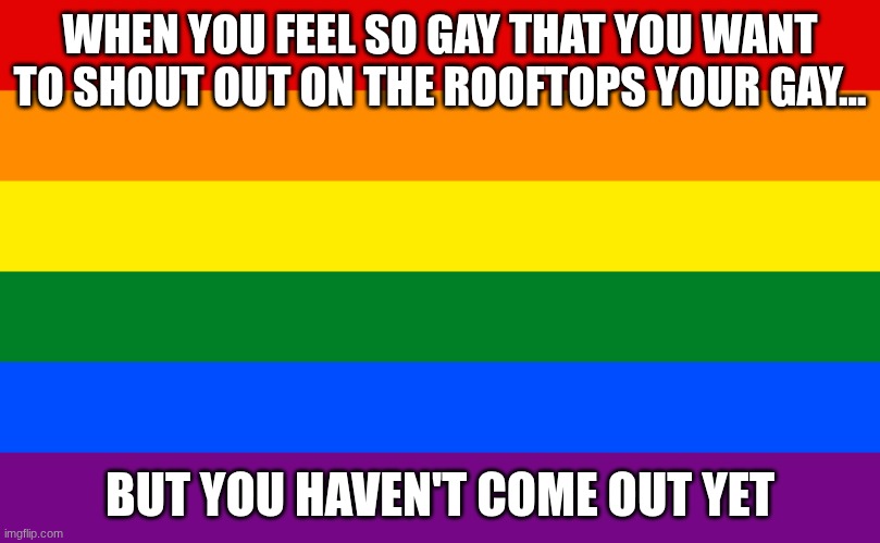 Pride flag | WHEN YOU FEEL SO GAY THAT YOU WANT TO SHOUT OUT ON THE ROOFTOPS YOUR GAY... BUT YOU HAVEN'T COME OUT YET | image tagged in pride flag | made w/ Imgflip meme maker