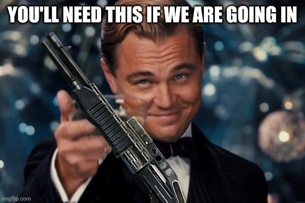 YOU'LL NEED THIS IF WE ARE GOING IN | image tagged in memes,leonardo dicaprio cheers | made w/ Imgflip meme maker