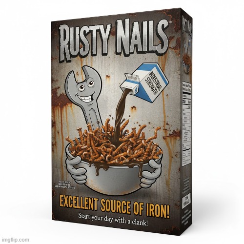 I wonder who would eat these.... | image tagged in rusty,nails,breakfast,cereal,screws,dark humor | made w/ Imgflip meme maker