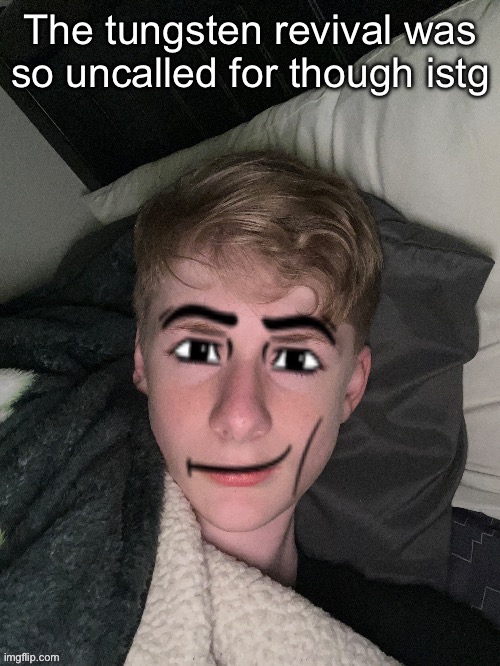 Glad it lasted a full 2 seconds | The tungsten revival was so uncalled for though istg | image tagged in virian man face | made w/ Imgflip meme maker