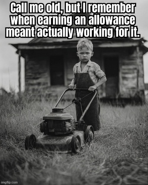 The Value of Learning to Earn | image tagged in vince vance,mowing the lawn,little boy,allowance,cutting grass,lawnmower | made w/ Imgflip meme maker