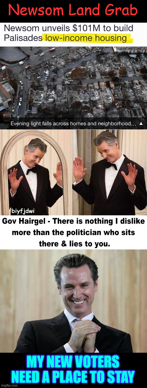 Newsom Land Grab | Newsom Land Grab; MY NEW VOTERS NEED A PLACE TO STAY | image tagged in scheming gavin newsom,replacing people after wildfires | made w/ Imgflip meme maker