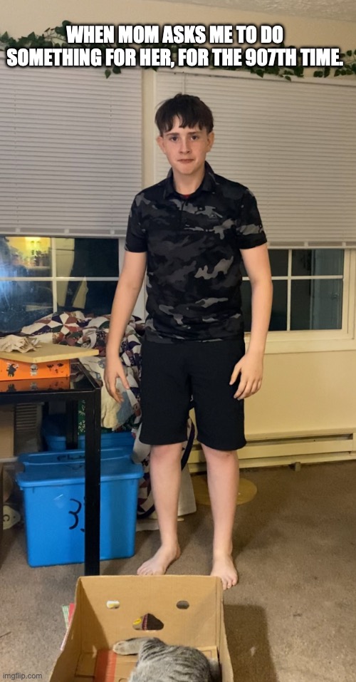 Tell me this is relatable(please I beg) | WHEN MOM ASKS ME TO DO SOMETHING FOR HER, FOR THE 907TH TIME. | image tagged in standing boy | made w/ Imgflip meme maker