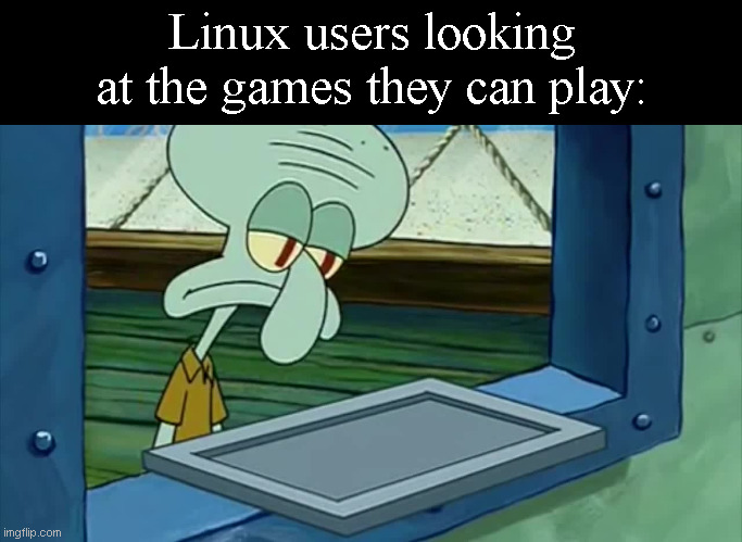 Squidward's Empty Tray | Linux users looking at the games they can play: | image tagged in squidward's empty tray | made w/ Imgflip meme maker