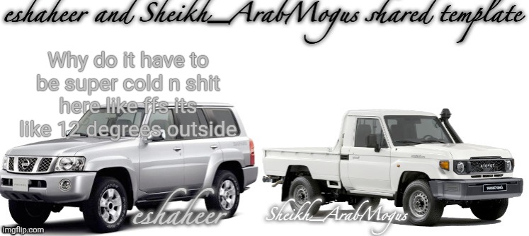 eshaheer and sheikh-arabmogus shared temp | Why do it have to be super cold n shit here like ffs its like 12 degrees outside | image tagged in eshaheer and sheikh-arabmogus shared temp | made w/ Imgflip meme maker