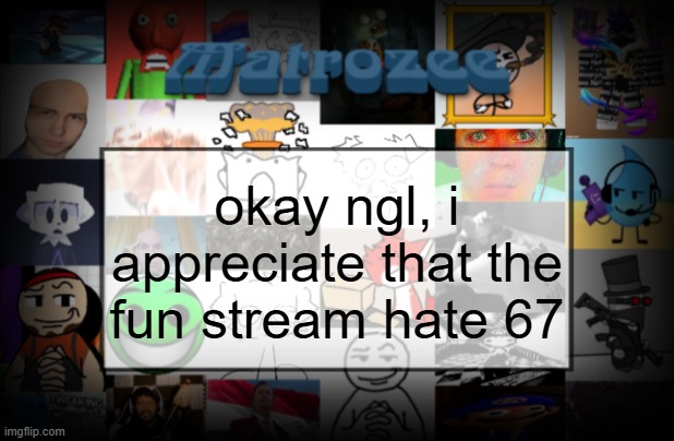 Matrozee Template V2 | okay ngl, i appreciate that the fun stream hate 67 | image tagged in matrozee template v2 | made w/ Imgflip meme maker