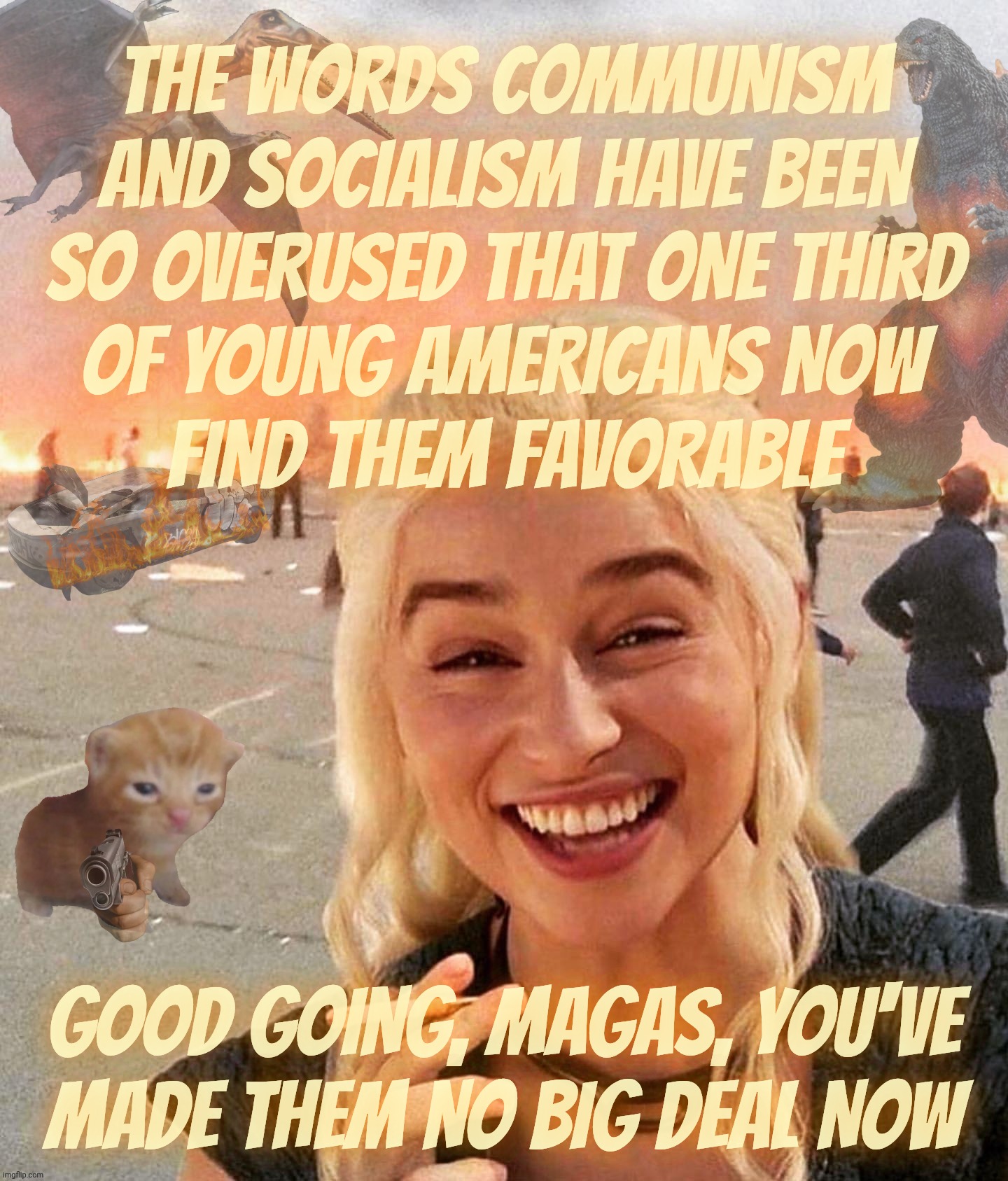 Disaster Smoker Gal kitchen sink edition | THE WORDS COMMUNISM AND SOCIALISM HAVE BEEN
SO OVERUSED THAT ONE THIRD
OF YOUNG AMERICANS NOW
FIND THEM FAVORABLE GOOD GOING, MAGAS, YOU'VE
 | image tagged in disaster smoker gal kitchen sink edition | made w/ Imgflip meme maker