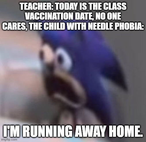 traumatized child | TEACHER: TODAY IS THE CLASS VACCINATION DATE, NO ONE CARES, THE CHILD WITH NEEDLE PHOBIA:; I'M RUNNING AWAY HOME. | image tagged in traumatised sonic | made w/ Imgflip meme maker