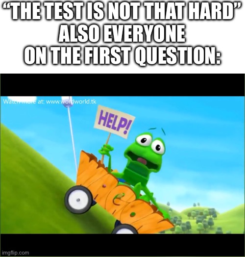 NO SERIOUSLY WHAT IS 0 DIVIDED BY 0? | “THE TEST IS NOT THAT HARD”
ALSO EVERYONE ON THE FIRST QUESTION: | image tagged in wordworld 3,school,lesson,maths | made w/ Imgflip meme maker