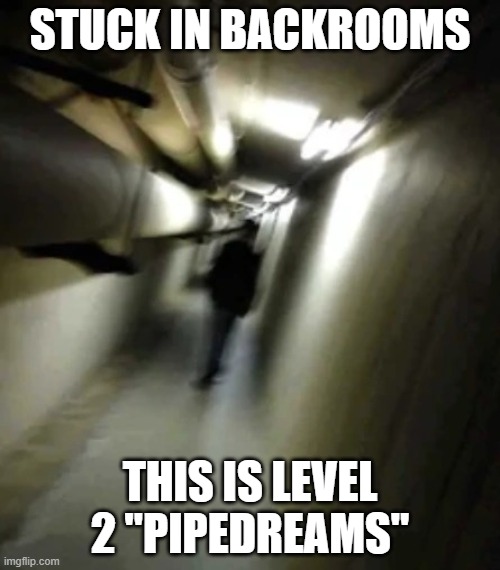 Shadow Man Chasing | STUCK IN BACKROOMS; THIS IS LEVEL 2 "PIPEDREAMS" | image tagged in shadow man chasing,msmg | made w/ Imgflip meme maker