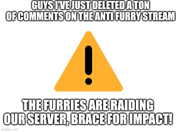 THE FURRIES ARE RAIDING OUR SERVERS | GUYS I'VE JUST DELETED A TON OF COMMENTS ON THE ANTI FURRY STREAM; THE FURRIES ARE RAIDING OUR SERVER, BRACE FOR IMPACT! | image tagged in anti furry,emergency alert,warning | made w/ Imgflip meme maker