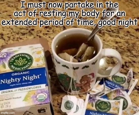Nighty night | I must now partake in the act of resting my body for an extended period of time, good night | image tagged in nighty night | made w/ Imgflip meme maker