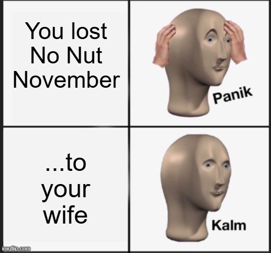 That is one of the only two times it's acceptable. | You lost No Nut November; ...to your wife | image tagged in panic kalm,no nut november,nut pass | made w/ Imgflip meme maker