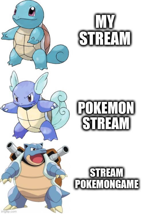 ad on stream pokemongame | MY STREAM; POKEMON STREAM; STREAM POKEMONGAME | image tagged in squirtle wartotle blastoise evolution pokemon | made w/ Imgflip meme maker