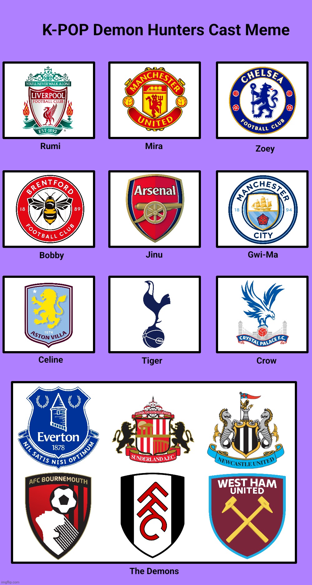 K-POP Demon Hunters Cast Meme - Premier League Edition | image tagged in premier league,kpop demon hunters,manchester united,chelsea,liverpool,memes | made w/ Imgflip meme maker