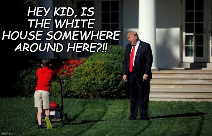Trump Lawn Mower | HEY KID, IS THE WHITE HOUSE SOMEWHERE AROUND HERE?!! | image tagged in trump lawn mower | made w/ Imgflip meme maker
