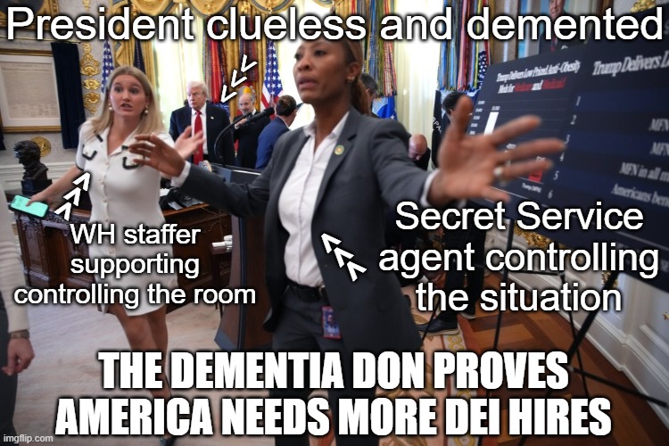 Donald Trump proves America needs more DEI hires | President clueless and demented; <<<; Secret Service agent controlling the situation; <<<; WH staffer supporting controlling the room; <<<; THE DEMENTIA DON PROVES AMERICA NEEDS MORE DEI HIRES | image tagged in donald trump dazed confused gordon findlay fainting maga,republican,white house,clueless,dementia | made w/ Imgflip meme maker