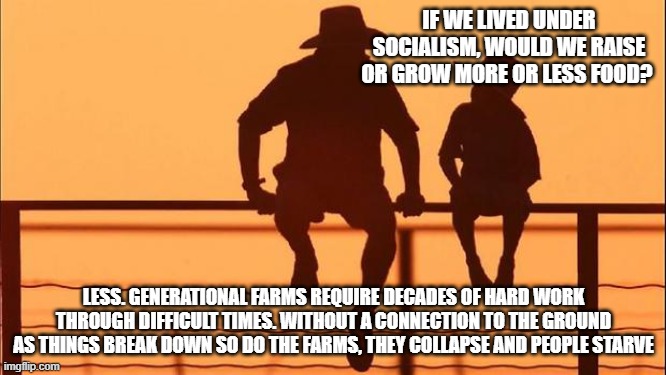 Cowboy Wisdom, socialism leads to societal collapse | IF WE LIVED UNDER SOCIALISM, WOULD WE RAISE OR GROW MORE OR LESS FOOD? LESS. GENERATIONAL FARMS REQUIRE DECADES OF HARD WORK THROUGH DIFFICULT TIMES. WITHOUT A CONNECTION TO THE GROUND AS THINGS BREAK DOWN SO DO THE FARMS, THEY COLLAPSE AND PEOPLE STARVE | image tagged in cowboy father and son,socialism,societal collapse,cowboy wisdom,starvation,democrat war on america | made w/ Imgflip meme maker