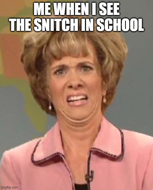 aint nobody like the snitch | ME WHEN I SEE THE SNITCH IN SCHOOL | image tagged in disgusted kristin wiig,snitch,school,memes,funny,lol | made w/ Imgflip meme maker