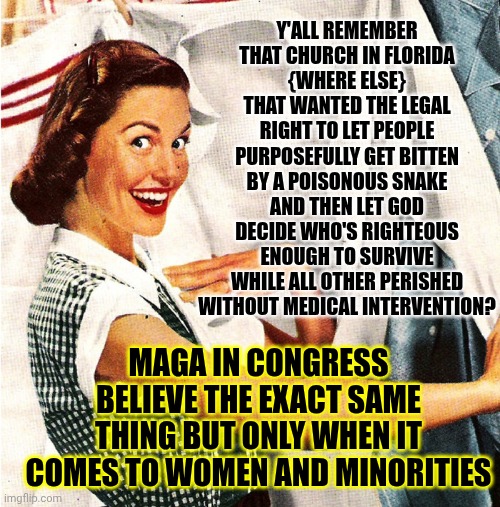 WE, The PEOPLE Have ALL The Power | Y'ALL REMEMBER THAT CHURCH IN FLORIDA
{WHERE ELSE}
THAT WANTED THE LEGAL RIGHT TO LET PEOPLE PURPOSEFULLY GET BITTEN BY A POISONOUS SNAKE AND THEN LET GOD DECIDE WHO'S RIGHTEOUS ENOUGH TO SURVIVE WHILE ALL OTHER PERISHED WITHOUT MEDICAL INTERVENTION? MAGA IN CONGRESS BELIEVE THE EXACT SAME THING BUT ONLY WHEN IT COMES TO WOMEN AND MINORITIES | image tagged in vintage laundry woman,we the people,power to the people,radical evangelicals,maga,memes | made w/ Imgflip meme maker