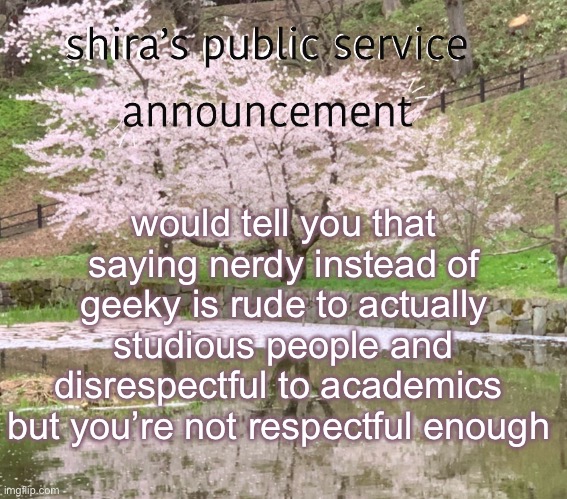 shira’s PSA | would tell you that saying nerdy instead of geeky is rude to actually studious people and disrespectful to academics 
but you’re not respectful enough | image tagged in shira s psa | made w/ Imgflip meme maker