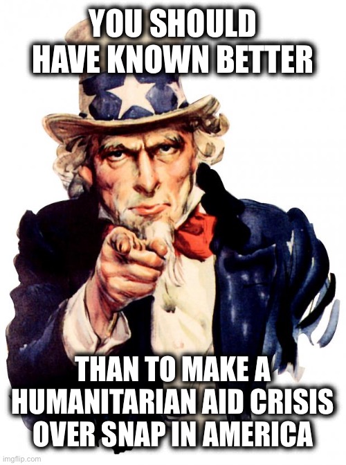 That Should Never Happen in the United States without a Natural Catastrophe or Act of War | YOU SHOULD HAVE KNOWN BETTER; THAN TO MAKE A HUMANITARIAN AID CRISIS OVER SNAP IN AMERICA | image tagged in memes,uncle sam,liberal logic | made w/ Imgflip meme maker