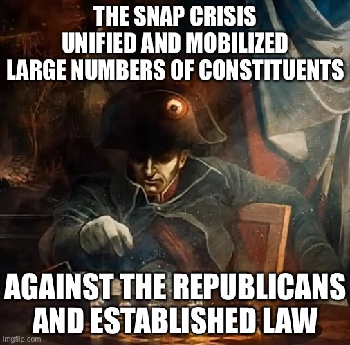 Deliberate and Strategic | THE SNAP CRISIS UNIFIED AND MOBILIZED LARGE NUMBERS OF CONSTITUENTS; AGAINST THE REPUBLICANS AND ESTABLISHED LAW | image tagged in napoleon chess,liberal logic | made w/ Imgflip meme maker