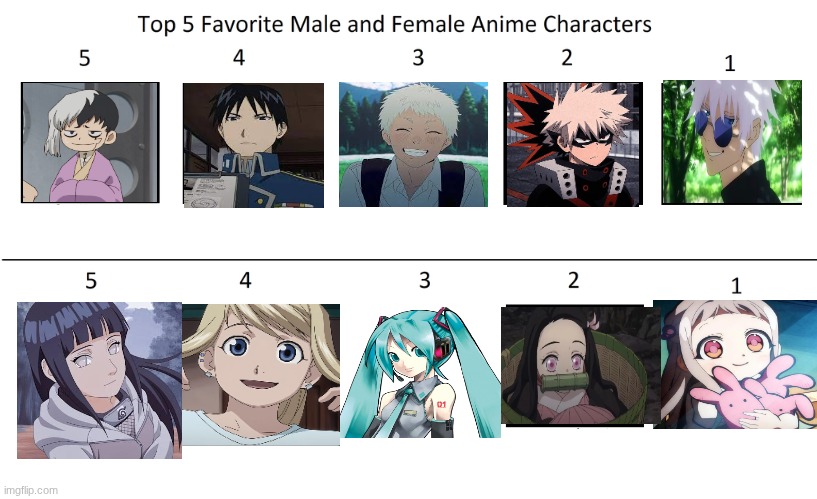 top 5 favorite male and female anime characters | image tagged in top 5 favorite male and female anime characters | made w/ Imgflip meme maker