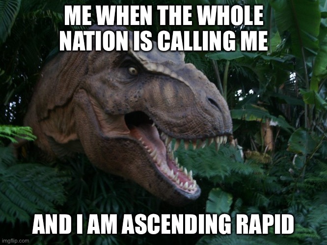 Funny Dino Meme | ME WHEN THE WHOLE NATION IS CALLING ME; AND I AM ASCENDING RAPIDLY | image tagged in dino stare | made w/ Imgflip meme maker