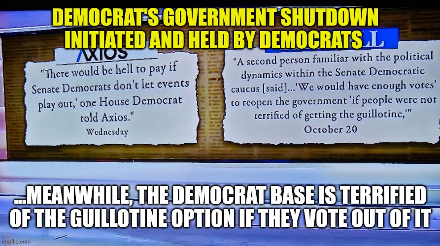 Democrat Government Shutdown harms the country | DEMOCRAT'S GOVERNMENT SHUTDOWN INITIATED AND HELD BY DEMOCRATS; ...MEANWHILE, THE DEMOCRAT BASE IS TERRIFIED OF THE GUILLOTINE OPTION IF THEY VOTE OUT OF IT | image tagged in democrat shutdown | made w/ Imgflip meme maker