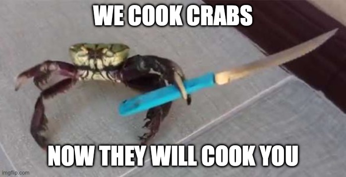 Crab with Knife | WE COOK CRABS; NOW THEY WILL COOK YOU | image tagged in crab with knife | made w/ Imgflip meme maker