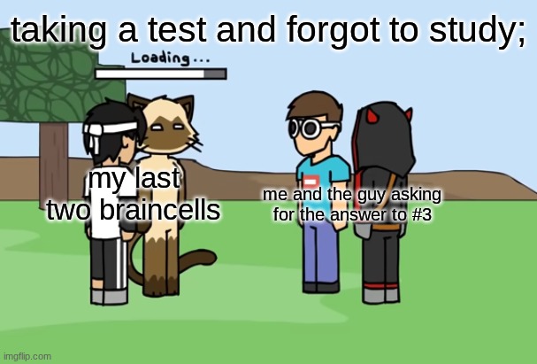 tshrsgcyvrjbnjfrtujunjnikgvehjmdsyjfdgjuddwfrgfegrfsf | taking a test and forgot to study;; my last two braincells; me and the guy asking for the answer to #3 | image tagged in loading,school,test | made w/ Imgflip meme maker