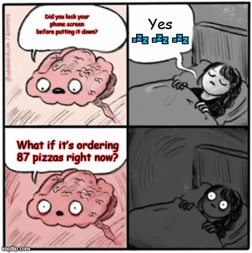 Brain Before Sleep | Yes 💤💤💤; Did you lock your phone screen before putting it down? What if it’s ordering 87 pizzas right now? | image tagged in brain before sleep | made w/ Imgflip meme maker