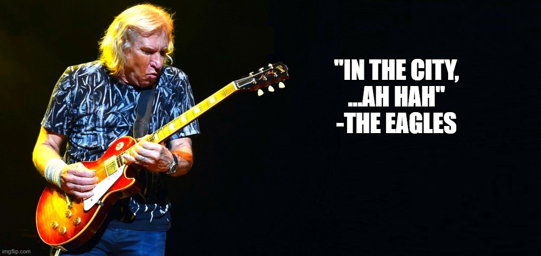 JOE WALSH 2022 | "IN THE CITY,
...AH HAH"
-THE EAGLES | image tagged in joe walsh 2022 | made w/ Imgflip meme maker