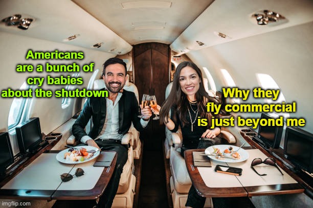 Tirelessly working for the Common Man | Americans are a bunch of cry babies about the shutdown; Why they fly commercial is just beyond me | image tagged in mamdani aoc private plane meme | made w/ Imgflip meme maker